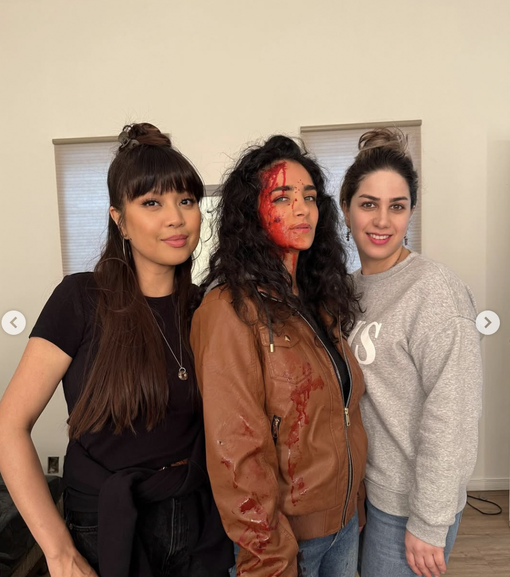 Special effects makeup team with the lead in continuity blood — The Start of a Problem.